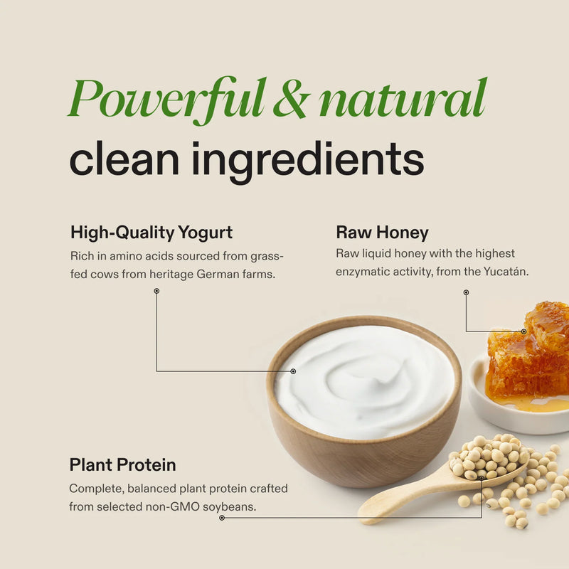 Yogurt, honey, and soybeans with text on clean ingredients.