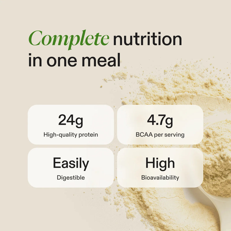 Protein powder with nutritional information on a beige background