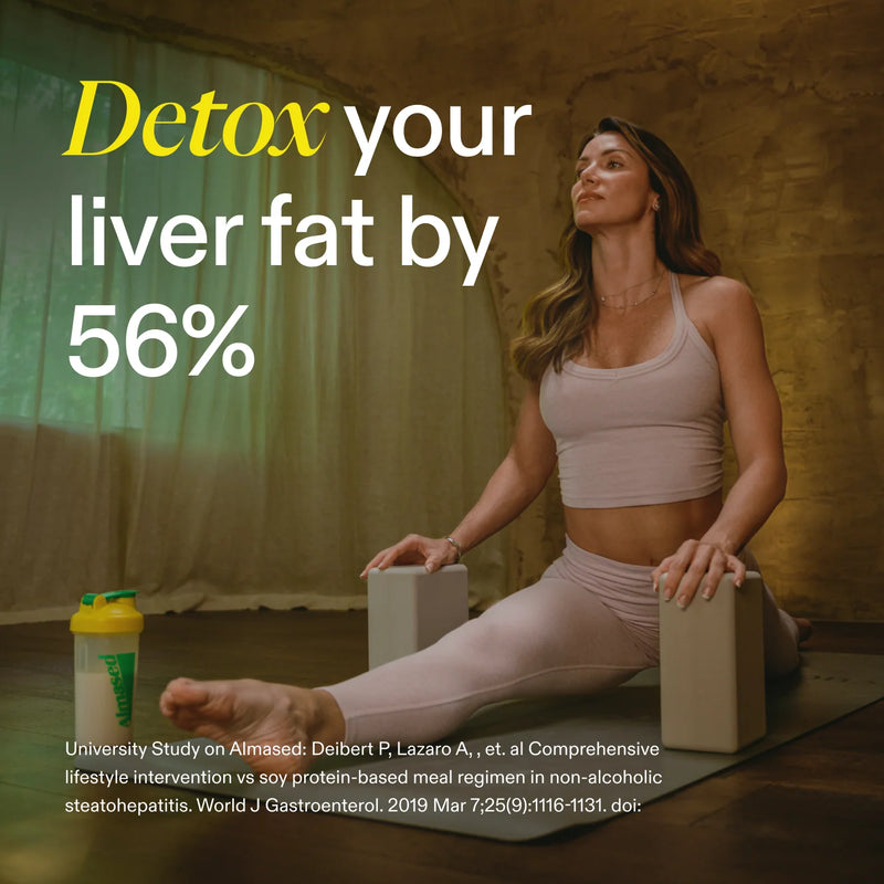 Woman in a yoga pose with text about detoxing liver fat