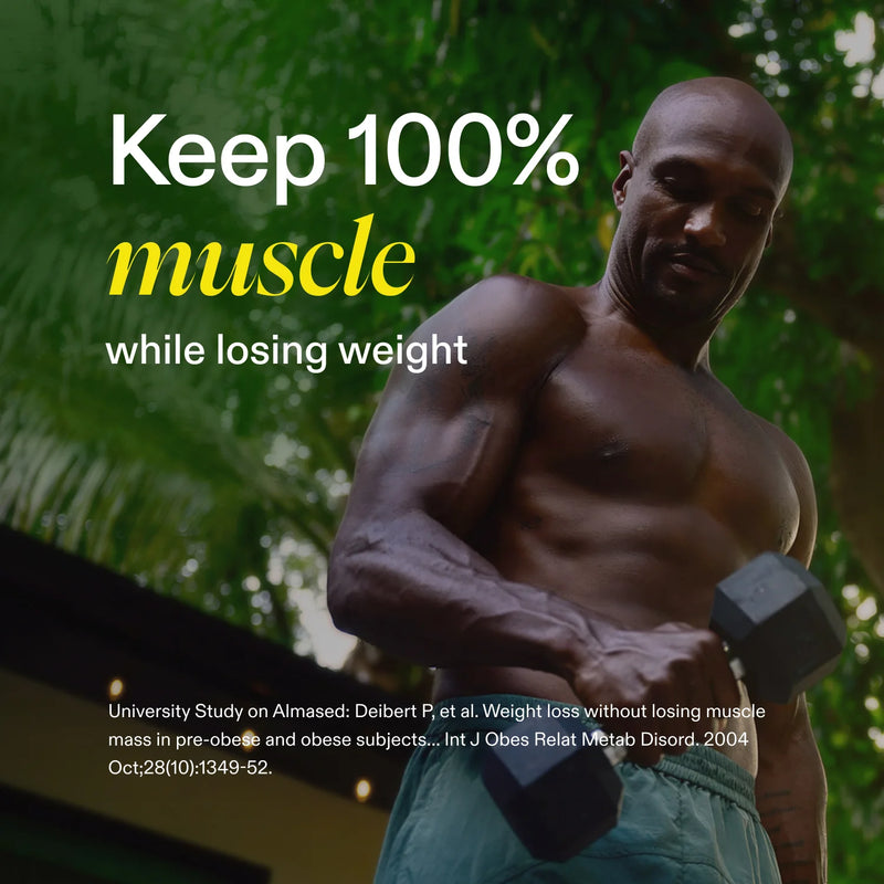Man lifting weights with text about maintaining muscle mass during weight loss.