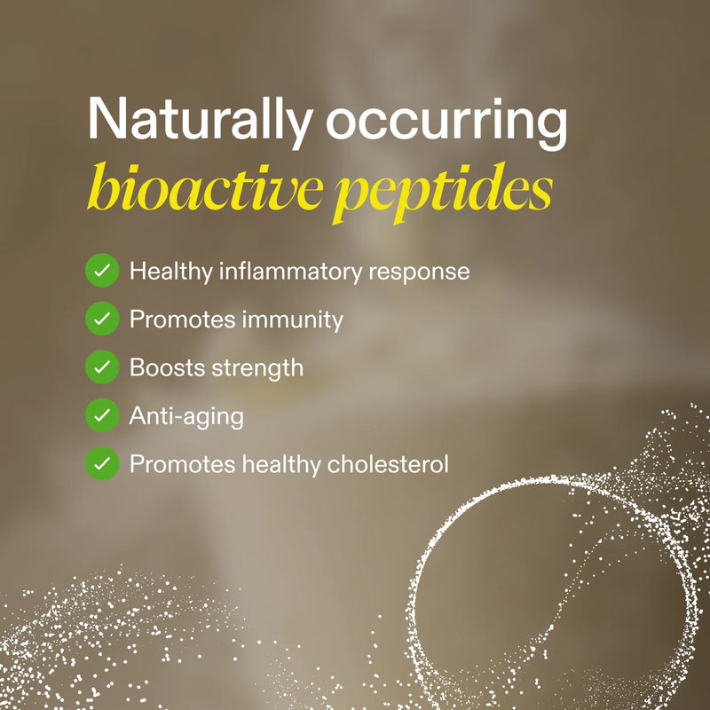 A promotional graphic with the text 'Naturally occurring bioactive peptides' on a warm beige background, listing benefits such as healthy inflammatory response, immunity, strength, anti-aging, and healthy cholesterol, with green checkmarks and abstract white particle graphics.