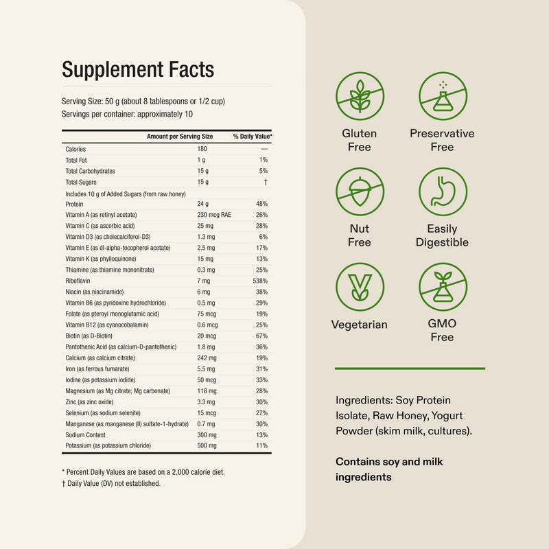 A supplement facts panel with a nutrition table on the left and feature icons on the right, including Gluten Free, Preservative Free, Nut Free, Easily Digestible, Vegetarian, and GMO Free, on a light beige background.